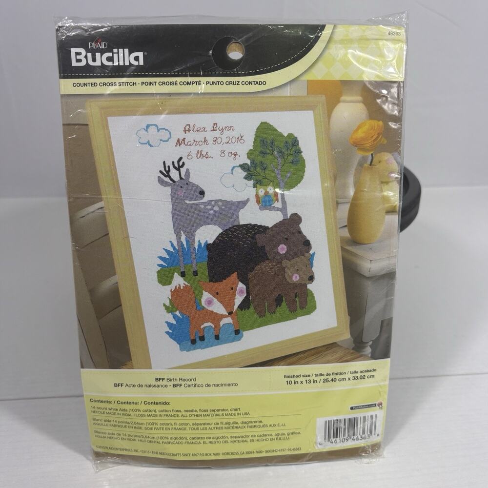 New Bucilla BFF Birth Record Counted Cross Stitch Kit Woodland Creatures Bin4